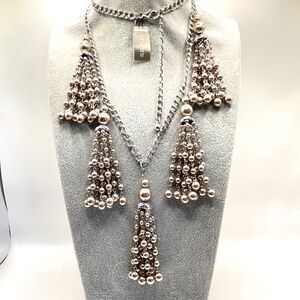 Chico's New Tassel Silver Tone  Pearl Statement Necklace